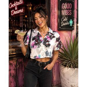 Spoon Jeans Dragon Floral Crop Shirt Womens Medium Satin Button Up Y2K
